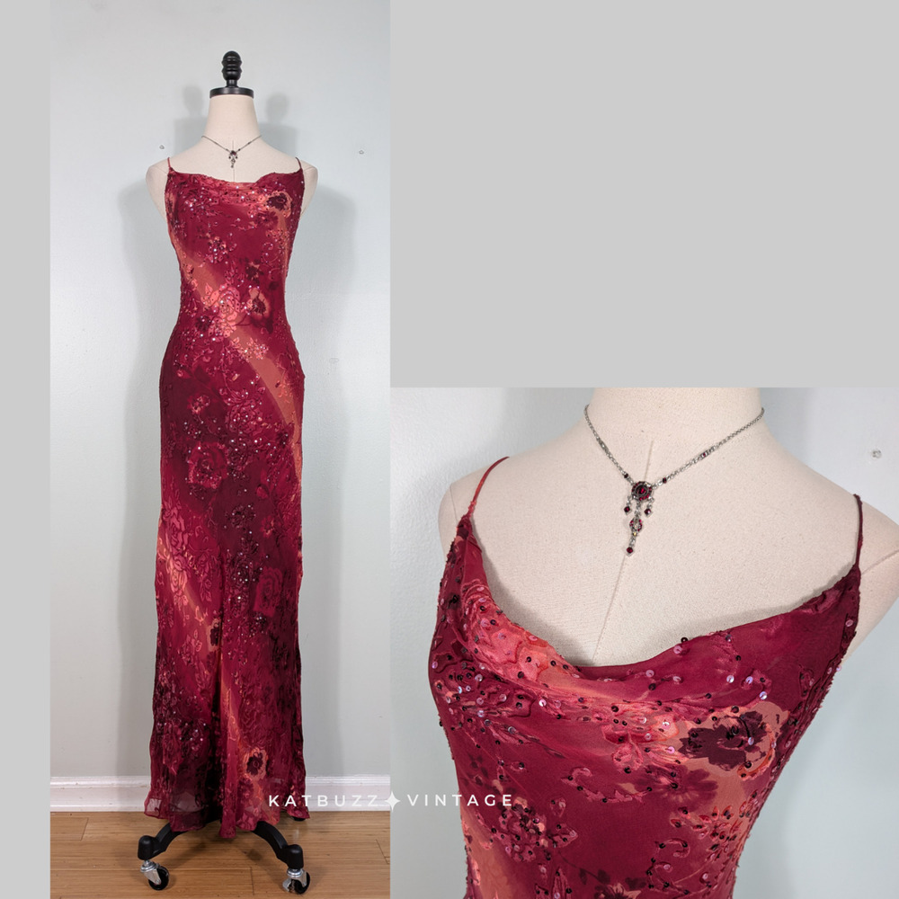 Vintage Silk Burnout Prom Dress Maxi Gown 8 Red Ombre Fairy Y2K Guest Sequin 90S